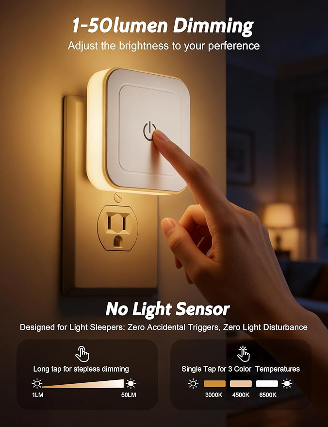 Sujeet Night Light, 4 Pack 1-50LM Stepless Dimming LED Night Light with 3CCT (3000K/4500K/6500K), Night Lights Plug into Wall for Adults, Bedroom, Bathroom, Hallway, Kitchen, Kids, No Light Sensor