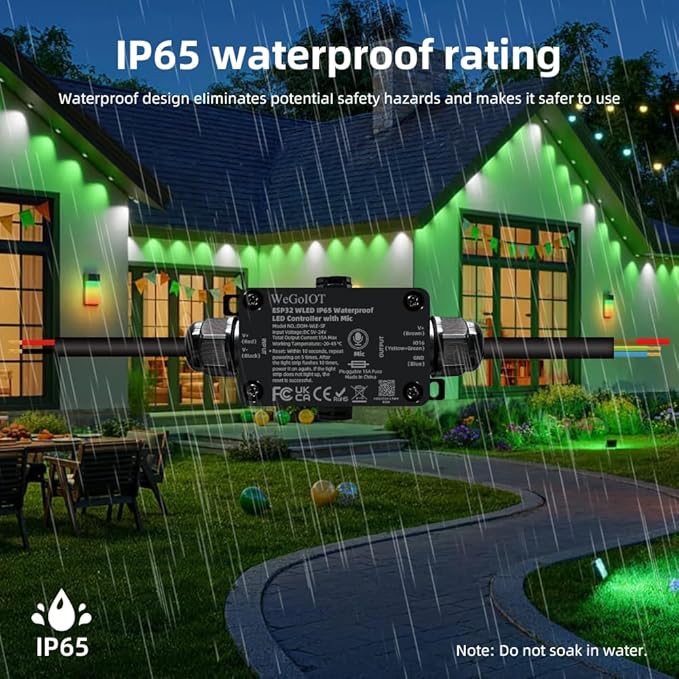 Waterproof ESP32 WLED Controller with Mic , Project for Pool Boat Landscape Outdoor Lights IP65 Dynamic RGB IC DIY Lighting WiFi APP Control for WS2812B DC5-24V RGBW LED Controller (1 Channel)
