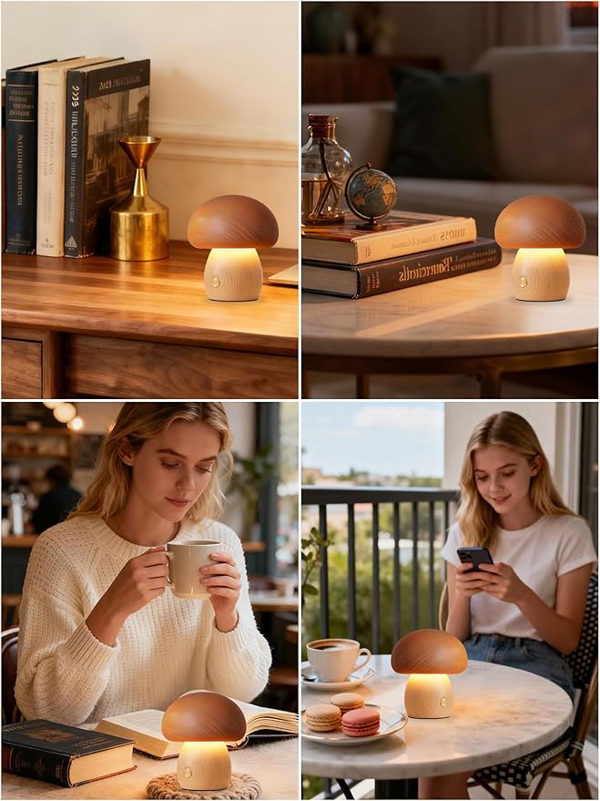 WLHONG Small Wood Table Lamp - 3000K Dimmable LED Nightstand Lamps for Bedroom,Mini Portable Desk Lamps for Home Dorm Office Creative Lighting Housewarming Gifts Night Light (Mushroom)