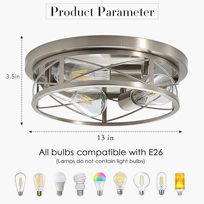 Brushed Nickel Farmhouse Ceiling Light Fixtures,3 Lights Flush Mount Ceiling Light,Bathroom Light Fixtures Ceiling Mount for Hallway Bedroom Kitchen 2 Pack