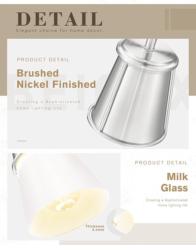 Beionxii 2 Pack Pendant Lights Kitchen Island, Brushed Nickel Pendant Lights 2 Pack, Kitchen Pendant Lighting Over Island, Pendant Lighting for Kitchen Island Sink, Milk Glass Shade, BX-PL01BN-2PK