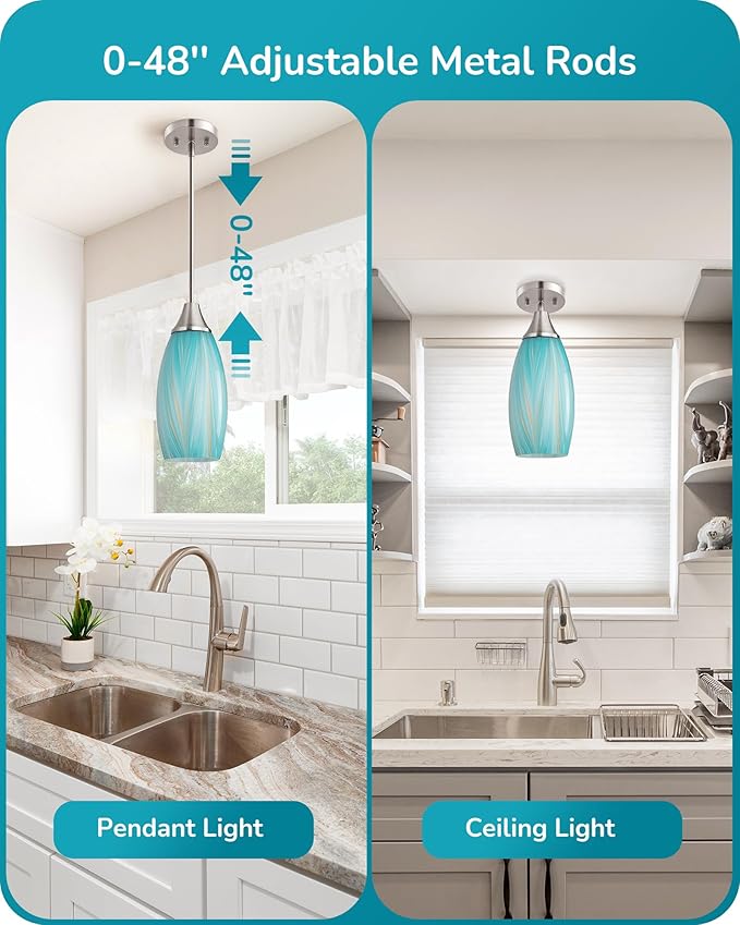 EDISHINE Pendant Lights Kitchen Island, Blue Handcrafted Art Glass, Blown Glass Pendant with 5.12” Dia x 11.40” H Shade, Teal with Gold, Adjustable Brushed Nickel Rods, Hardwired Over Island Bar, E26