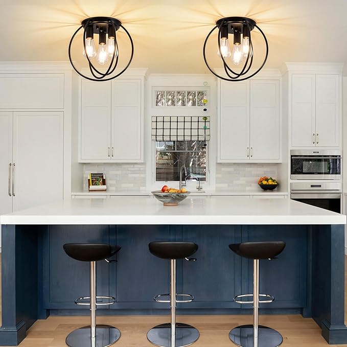 3 Light Industrial Ceiling Light Black Semi Flush Mount Lights Close to Ceiling Light Fixtures,cage Design Farmhouse Ceiling Lighting for Kitchen Bedroom Bathroom Foyer Hallway (E26, 1Pack)
