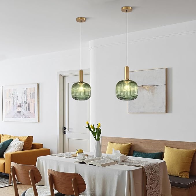 BOKT Mid Century Modern Green Glass Pendant Light Large Gold Globe Kitchen Island Pendant Light Fixture Minimalist Anti Brushed Brass Round Ceiling Hanging Pendant Lamp (7.9" Green)