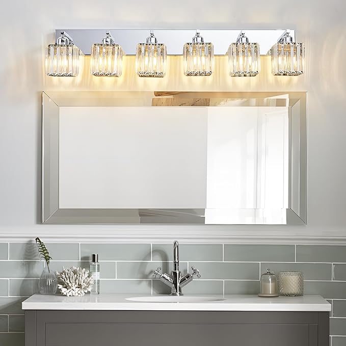 Modern Bathroom Vanity Light 6-Lights Modern Chrome Crystal Bathroom Wall Light Large Vanity Light Fixtures Over Mirror