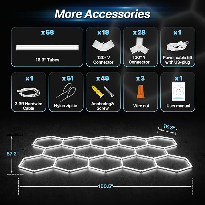 HYPERLITE Gen 2 Hexagon Garage Lights: 399W 39900LM 14 Grids Hexagon Led Light, 6500K Ultra Bright Honeycomb Hex Lights, Easy Install, Durable Design for Garage, Car Detailing, Workshops, Shops, Gym