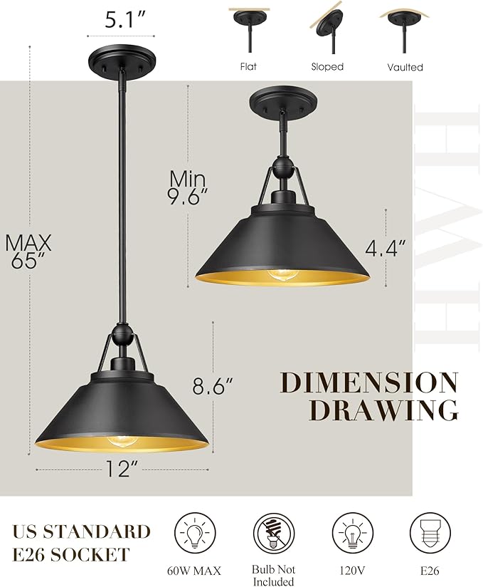 Barn Pendant Light Fixture, HWH 1-Light Hanging Lighting 12-Inch, Industrial Pendant Lights for Kitchen Island Farmhouse Dinning Room, Black and Gold Finish, 5HYS89MIL BK