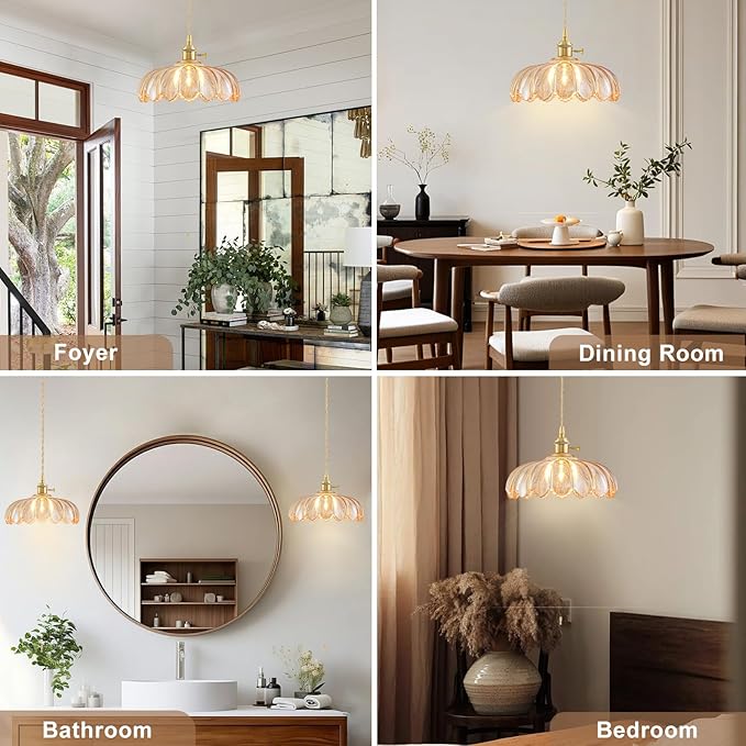 3 Pack Glass Pendant Lights Kitchen Island, Vintage Brass Pendant Light Fixtures, Adjustable Amber Kitchen Pendant Lighting Over Island for Bedroom Living Room Hallway Dining Room