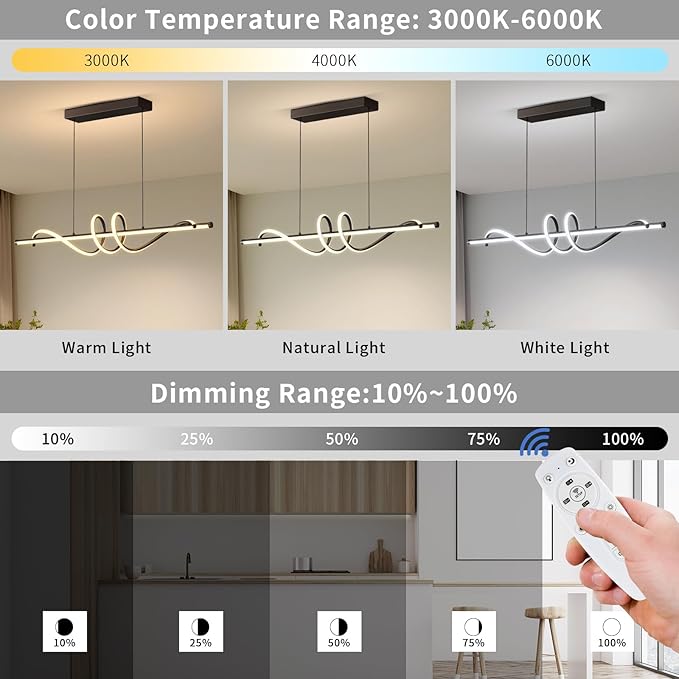Modern LED Pendant Lights, Ceiling Chandelier Dimmable with Remote Control 3000k-6000K Adjustable Color Temperature, Aluminum Island Lighting Lamp Fixture for Kitchen, Dining Room(39in Black)