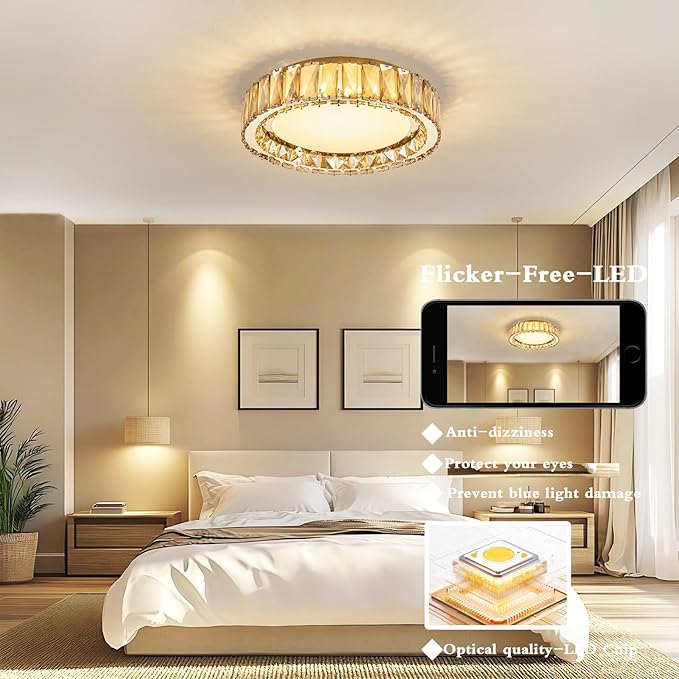 Amber Crystal Dimmable Flush Mount Ceiling Light, Gold Modern LED Close to Ceiling Light Fixture with 5CCT 2700K-6000K, Round Kitchen Lighting for Bedroom,Laundry Room, Hallway, Living room (15in 36W)