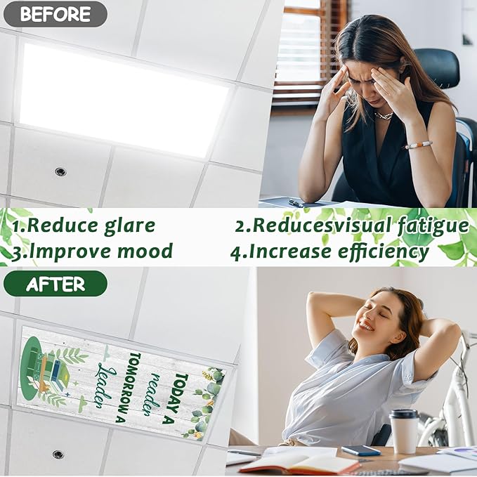 6 Pcs Eucalyptus Leaves Fluorescent Light Covers for Classroom Reading Theme Ceiling Light 4 x 2 Feet Magnetic Light Covers Filter Easy Install for Office Hospitals Home Supplies(Eucalyptus Leaves)