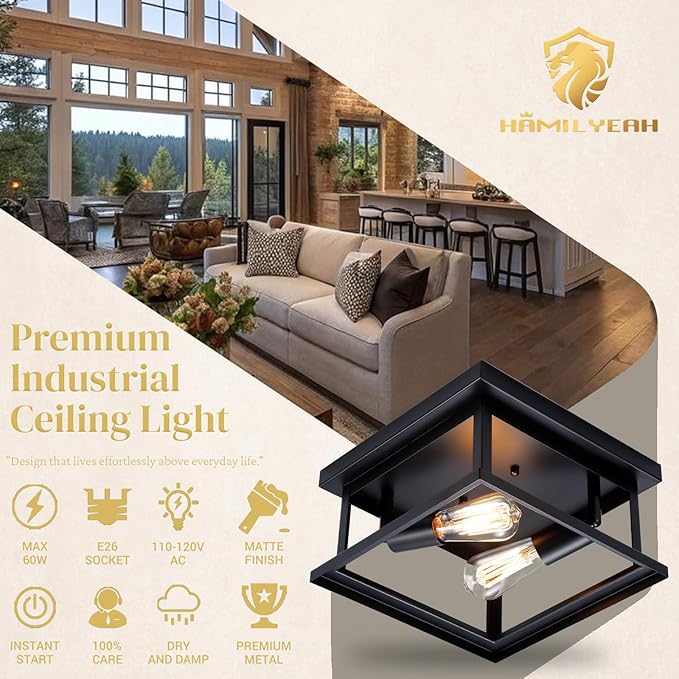Hamilyeah Black Flush Mount Ceiling Light Fixture Bedroom, Farmhouse Kitchen Lights Ceiling, Outdoor Close to Ceiling Light Fixtures for Porch Patio Hallway