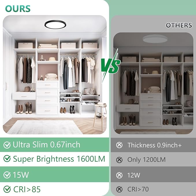Brightever Black LED Flush Mount Ceiling Light Fixture, 7 Inch 15W, Ultra Thin 0.67 Inch Small Ceiling Light, 5000K Daylight White 1500LM Ceiling Lamps for Bathroom, Pantry, Non-Dimmable, 1 Pack