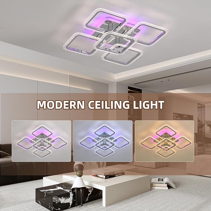 Modern LED Ceiling Lights,80W Flush Mount Ceiling Light with Remote,5 Squares Dimmable Brightness, Adjustable 3000-6000K Color Temperature for Living Room,Laundry Room,Hallway,Chrome