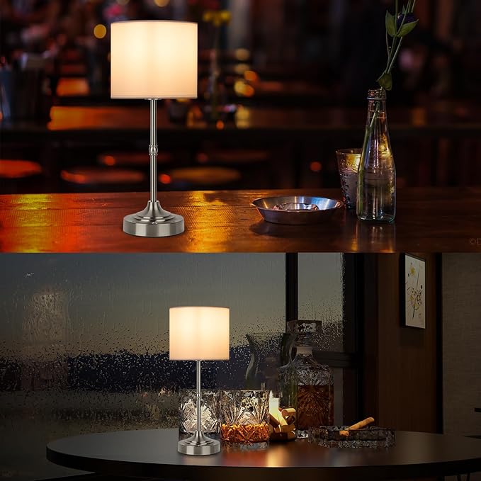 Rechargeable Cordless LED Table Lamp Fabric Shade Desk Lamp, 3-Level Dimmable Touch Control, 5200mAh, Patio Table Lamp, Bedside Night Lamp, Ambient Light for Restaurant.(Silver)