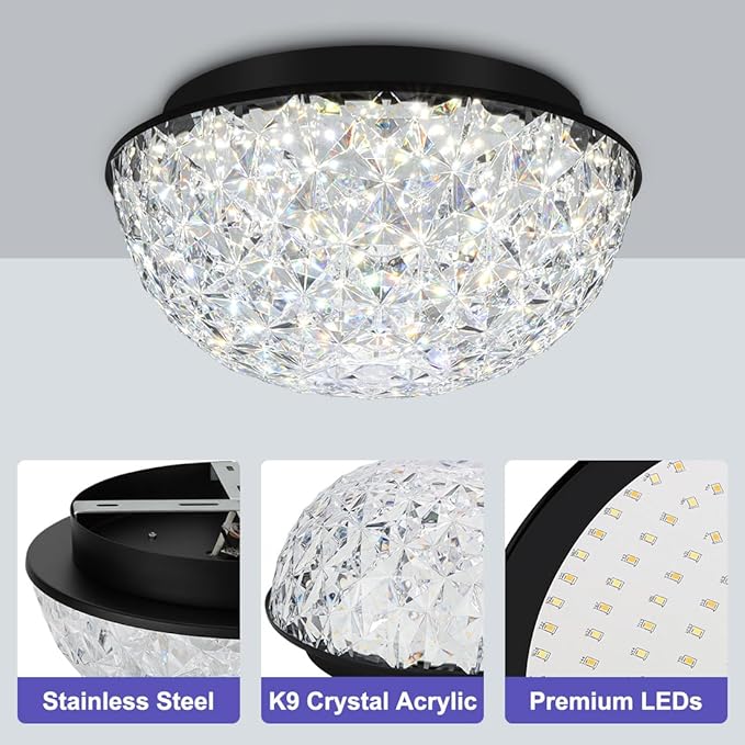 12’’ Modern Crystal Chandelier, LED Flush Mount Ceiling Light Fixture, 3/4/5000K Dimmable Ceiling Lamp for Dining Room, Entryway, Kitchen, Closet, Living Room, Bedroom, Hallway ETL Listed Black