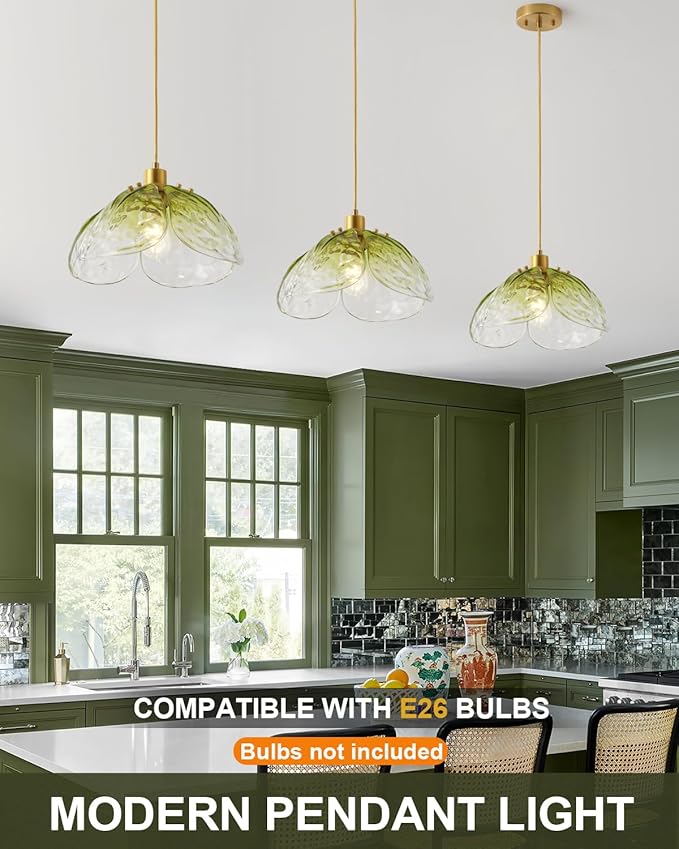 Vintage Gradient Green Pendant Light,Bronze Pendant Lighting Fixture with Handmade Leaf Glass for Bedroom,Kitchen,Hallway,Entryway