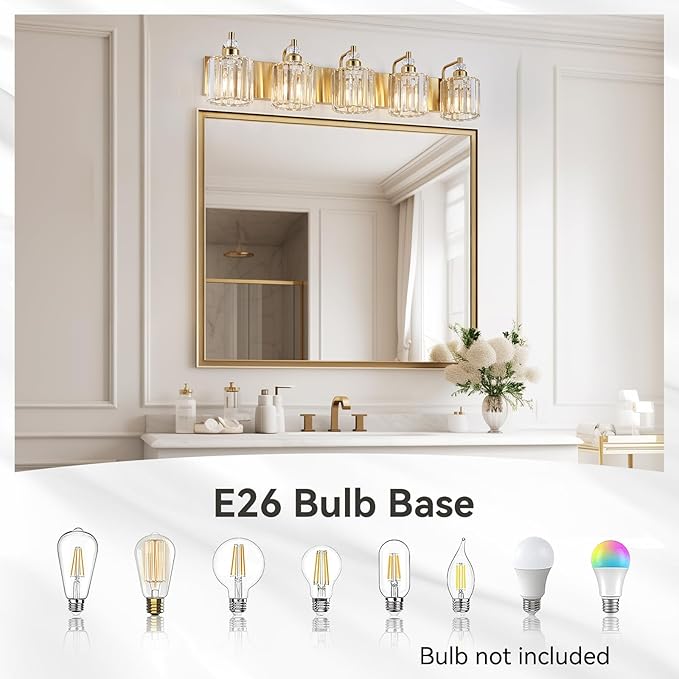 5-Light Modern Vanity Lights Brushed Brass Bathroom Light Fixtures Over Mirror Gold Bathroom Vanity Lighting with Crystal Shade E26 Base Wall Sconce for Bedroom Living Room Restroom Wall Lamp
