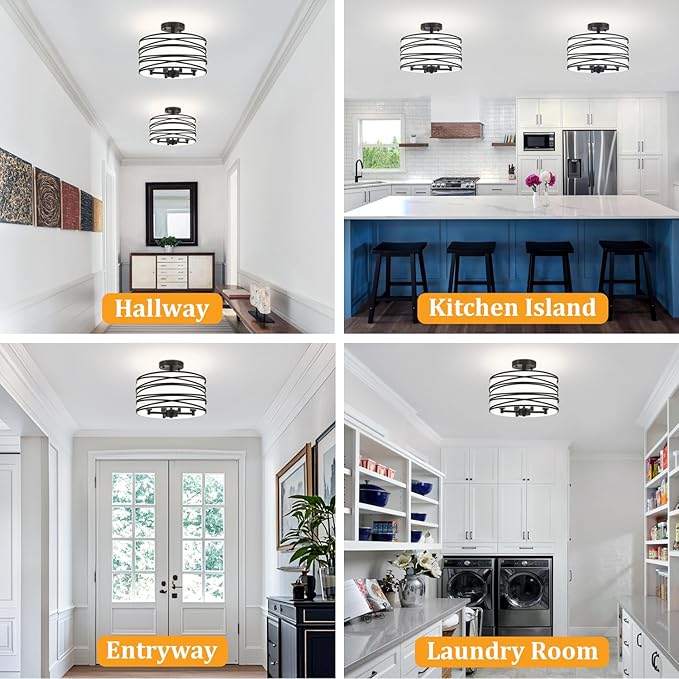 TOULMJ 4-Light Semi Flush Mount Ceiling Light, Black Drum Chandelier with White Fabric Shade, Modern Entryway Light Fixtures for Kitchen Island Laundry Room Hallway Dining Room