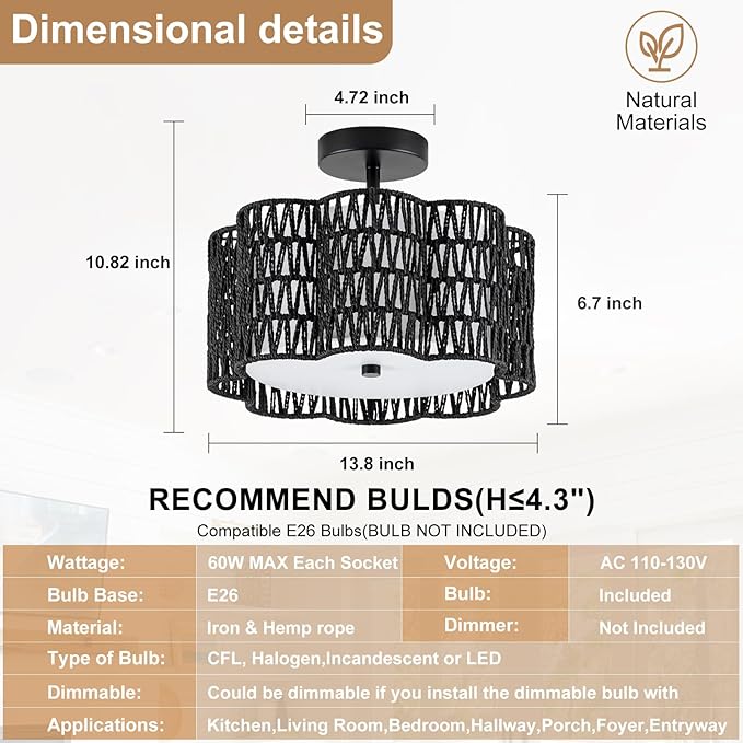 Tbaoinla✿ 13.8＂ Handwoven Rattan 3-Light | Black Boho Flush Mount for Small Bedroom & Nursery, Midnight Blossom Woven Ceiling Light, Natural Fiber Bedroom Fixture, Low Profile Rattan Lighting