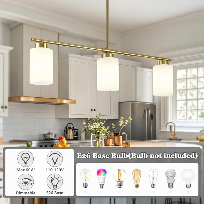 3-Light Gold Kitchen Island Lighting 31" Pendant Light with Milk Glass Shade Adjustable Height Linear Chandelier for Dining Room Modern Farmhouse Light Fixture Over Table Bar Living Room Foyer, E26