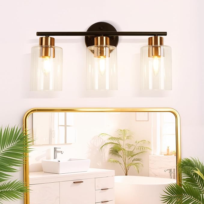 Bathroom Vanity Light, 3-Light Wall Sconce, Modern Matte Black and Gold Brushed Brass with Clear Glass Classic Lamp for Dressing Table, Bathroom Light Fixtures Over Mirror Bedroom Hallway