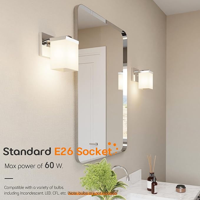 Vanity Lighting Fixture Polished Chrome Bathroom Lights with White Frosted Glass Shade, Wall Sconces Over Mirror for Porch Entrance, 2 Pack T003CH-L1-P2
