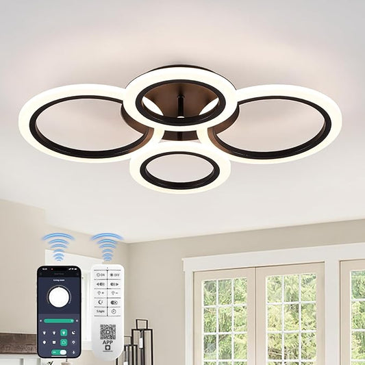 Modern Ceiling Lights 24" 40W, Dimmable Kitchen Lighting Fixtures Ceiling, 3000-6500K Light Fixture Ceiling Mount with Remote Control, Black 4 Ring LED Ceiling Light for Bedroom