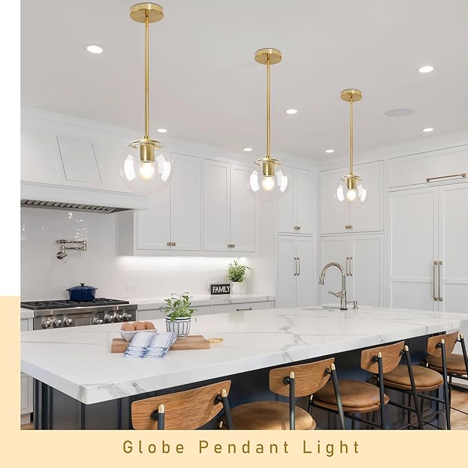 Bagood 6 Inch Globe Pendant Light Gold Mid Century Pendant Light Contemporary Globe Pendant Lights Kitchen Island Clear Glass with Brass Finish Adjustable Hanging Light Fixture for Kitchen Island