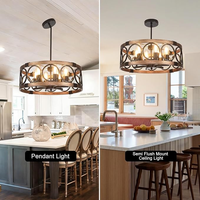 Semi Flush Mount Ceilnig Light,6-Light Farmhouse Chandelier Rustic Light Fixture Ceiling Mount 19.7" Vintage Drum Chandelier for Dining Room Light Fixtures for Kitchen