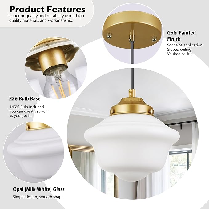 Gold Schoolhouse Light Fixture 8" Milk Glass Light Fixture Mid Century Pendant Light Milk Glass Pendant Light Schoolhouse Pendant Light for Bedroom Dining Room Kitchen (Bulb Incl.)