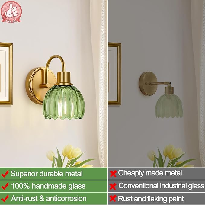 2-Pack Brushed Gold Bathroom Vanity Light, Single-Head Wall Sconce with Ribbed Green Tulip Glass Shade, Vintage Bathroom Light Fixtures for Bedroom, Hallway & Bedside (Bulbs Not Included)