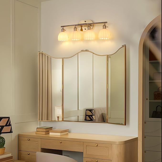 Shenmoyl Bathroom Light Fixtures, 4-Light Brass Vanity wall Light Over Mirror with White Tulip Glass Shade for Bedroom Living Room (Bulb Not Included)