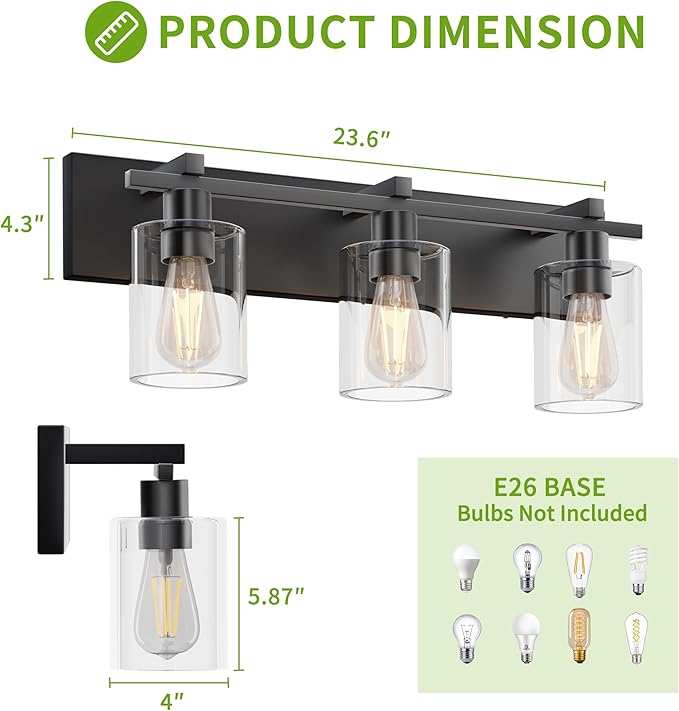 Espird Bathroom Vanity Light,3 Light Matte Black Light Fixture with Thickened Clear Glass Shade, 21 inch Modern Wall Sconce, Bathrooms Vanity Light Over Mirror for Bathroom