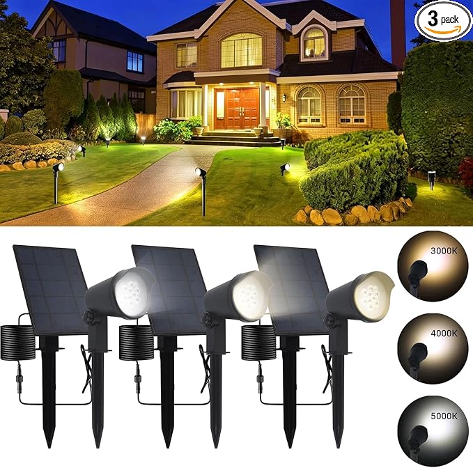 Super Bright 500LM Solar Spot Lights Outdoor with Separate Panel 3Pack | 3000/4000/5000K, 2 Brightness Levels, IP65 Waterproof, Adjustable Angle, 10FT Cable, Stake/Wall Mount, Auto Dusk to Dawn
