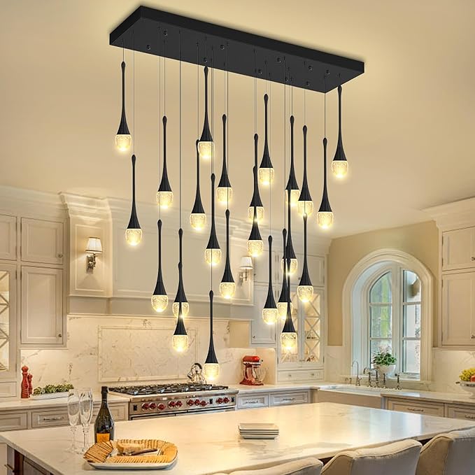 ykolupty 24-Lights Rectangular Chandelier Crystal Raindrop Chandeliers Flush Mount Ceiling Light for Dining Room Living Room High Ceiling Chandelier for Staircase Foyer Entryway Black Chandeliers