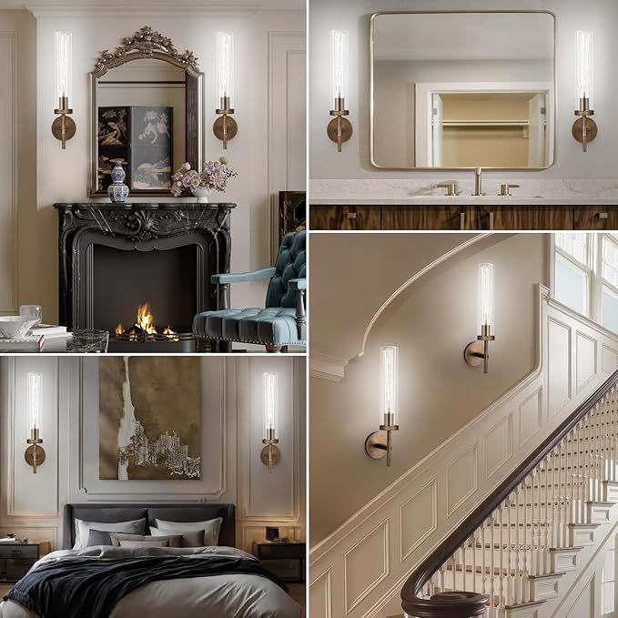 Bronze Wall Sconces Set of Two with White Lights, 19.5'' Brushed Brass Knurled Bathroom Sconces Wall Lighting Vanity Light with Clear Glass for Living Room Mirror Bedroom Stairs
