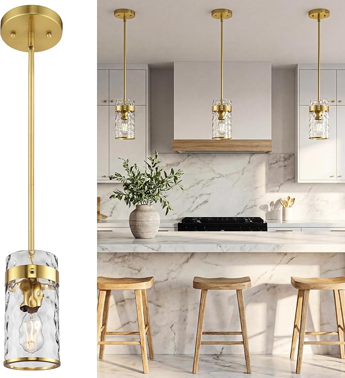 AUTELO Gold Pendant Light, 1-Light Island Pendant Lights for Kitchen with Hammered Glass, Modern Hanging Lamp with Adjustable Rods for Dining Room Bedroom Kitchen Sink, H-2529 HMBG