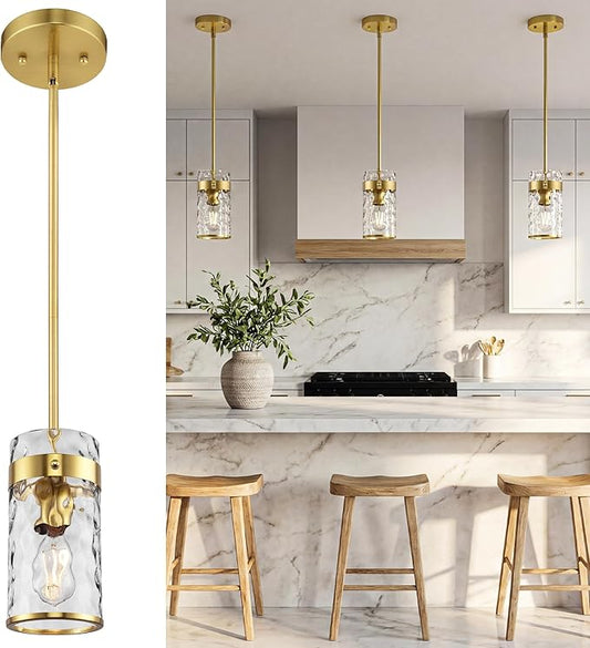 AUTELO Gold Pendant Light, 1-Light Island Pendant Lights for Kitchen with Hammered Glass, Modern Hanging Lamp with Adjustable Rods for Dining Room Bedroom Kitchen Sink, H-2529 HMBG
