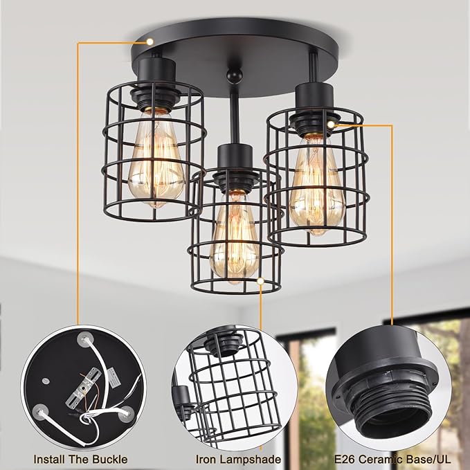 3 Lights Industrial Ceiling Light Fixtures,Iron Cage Ceiling Lamp Pendant Lighting,3-Light Close to Ceiling Light Fixtures, Modern Chandelier for Bedroom Entryway Kitchen Hallway