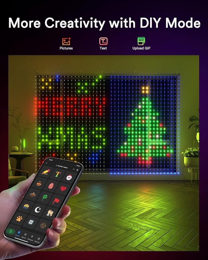 Lumary WiFi Smart Curtain Lights, World Cup Decor Curtain Lights with APP & Remote Control, DIY Color Changing, Pattern GIF Display for Outdoor Indoor, 6.9 x 5FT, 540 RGB LED