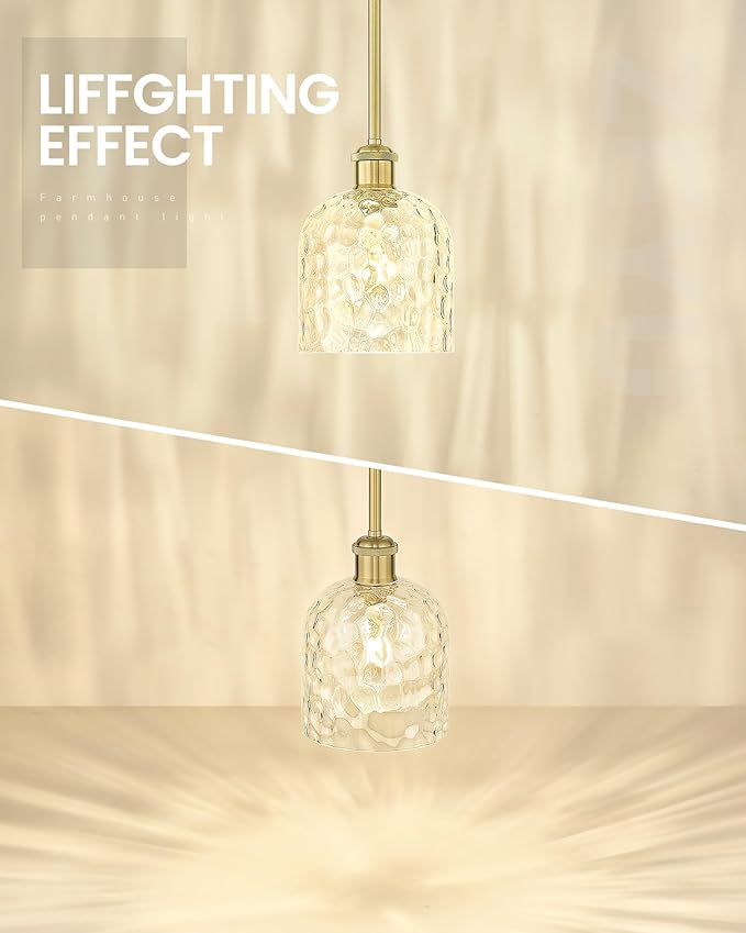 zeyu Glass Pendant Light Kitchen Island, Single Pendant Light, Gold Vintage Hanging Lamp with Clear Hammered Glass, Brushed Gold Finish, ZJF63MIL-L BG