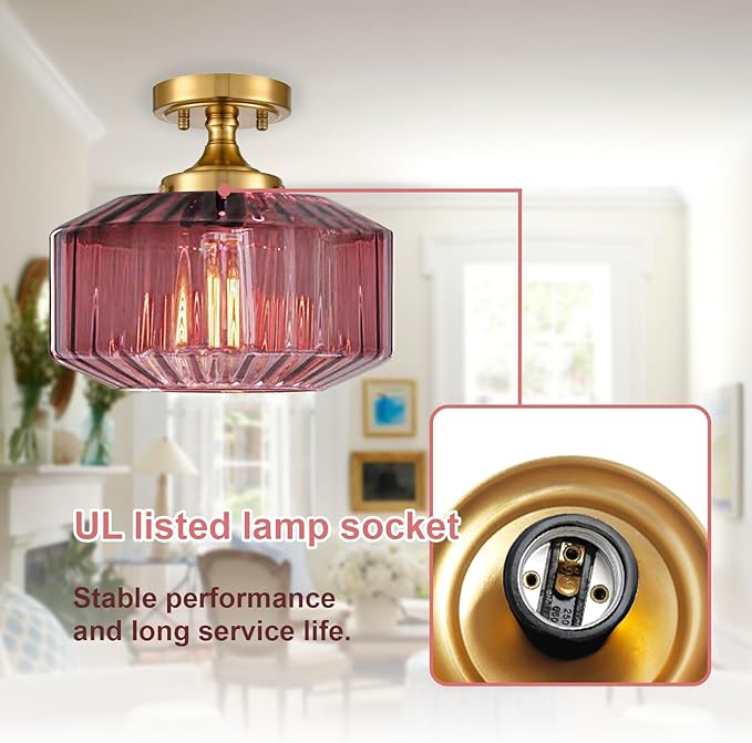 Flush Mount Ceiling Light Fixtures，1-Light Gold Light Fixture with Seeded Purple Glass Shade, 11.02 Inch Industrial Ceiling Lamp for Hallway Foyer Porch
