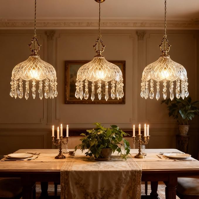 Vintage Crystal Small Pendant Lights Kitchen Island, Adjustable Cord Length 0.5" to 70", Dia7.87 Glass Shade Light Fixture,Brass Hanging Light, Chandelier for Bedroom (1-Pack，Hard-Wired