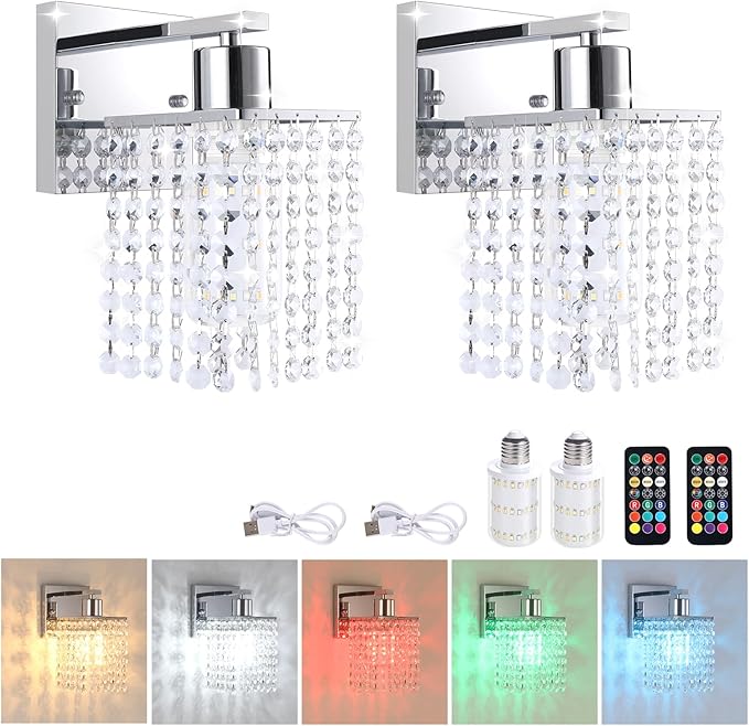 Shenmoyl Set of 2 Crystal Battery Operated Wall Sconce,Rechargeable Wall Lamp with 5200mAh Battery & Remote Control, Modern Dimmable Wireless Wall Lights for Bedroom Bathroom (Clear, Silver Base)