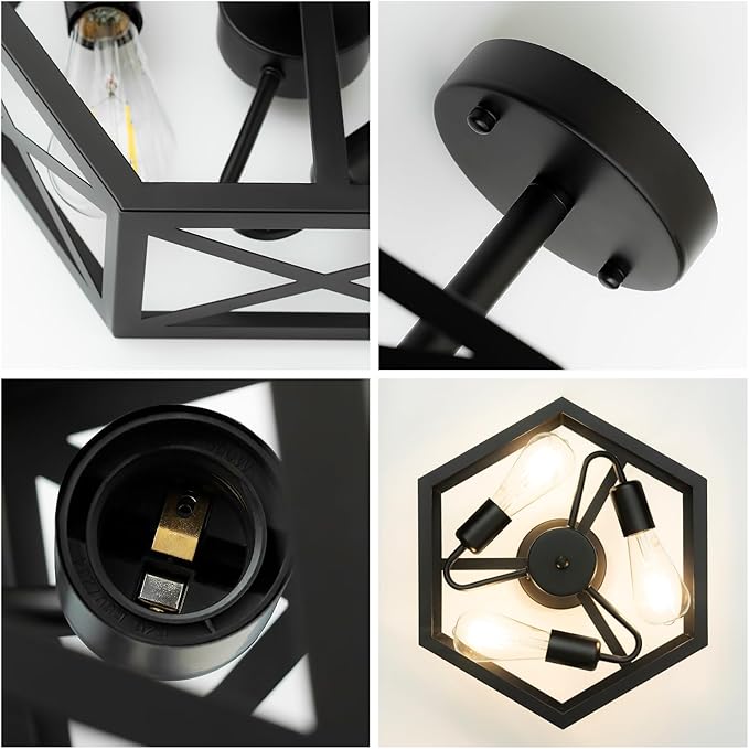 Modern Semi Flush Mount Ceiling Light,3-Light Hexagon Flush Mount Ceiling Lights for Dining Room Light Fixture,Farmhouse Black Metal Kitchen Island Lighting Fixtures for Hallway,Bathroom