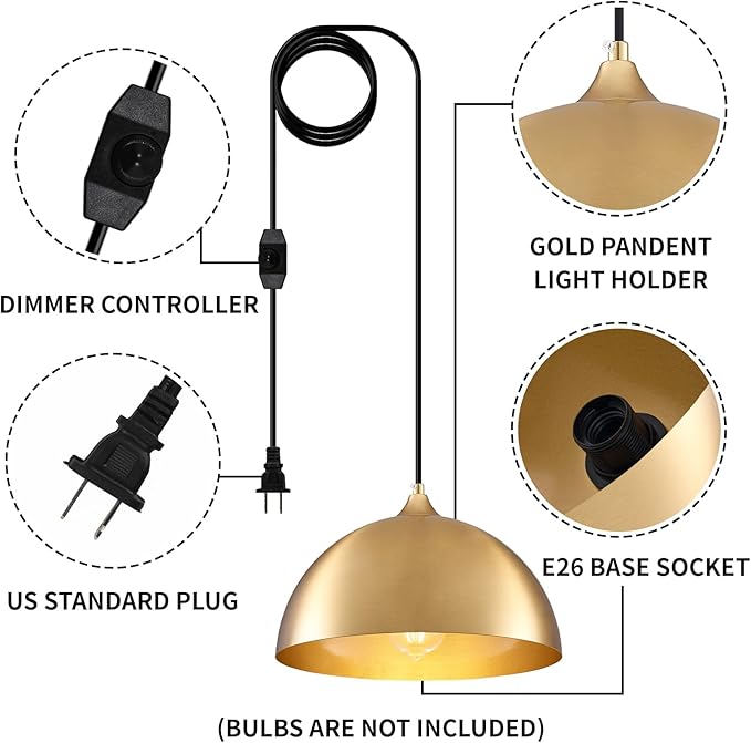 Plug in Hanging Light 2 Packs 11.8inch, Gold Hang Lamp Plug in, Farmhouse Pendant Light, Pendant Lights Kitchen Island, Hanging Lights with Plug in Cord 14.ft