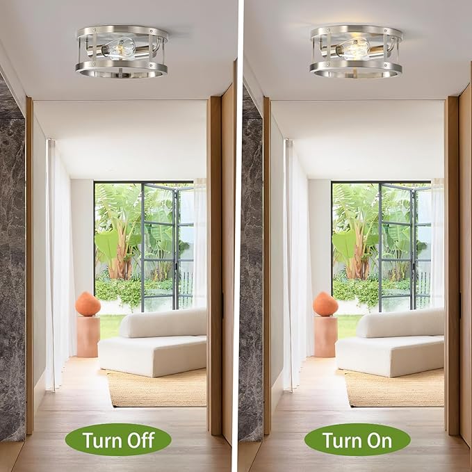 2-Light Industrial Flush Mount Ceiling Light Fixture,Brushed Nickel Farmhouse Ceiling Light Fixture,Modern Flush Mount Light Fixture for Kitchen Bedroom Living Room Hallway 2 Pack