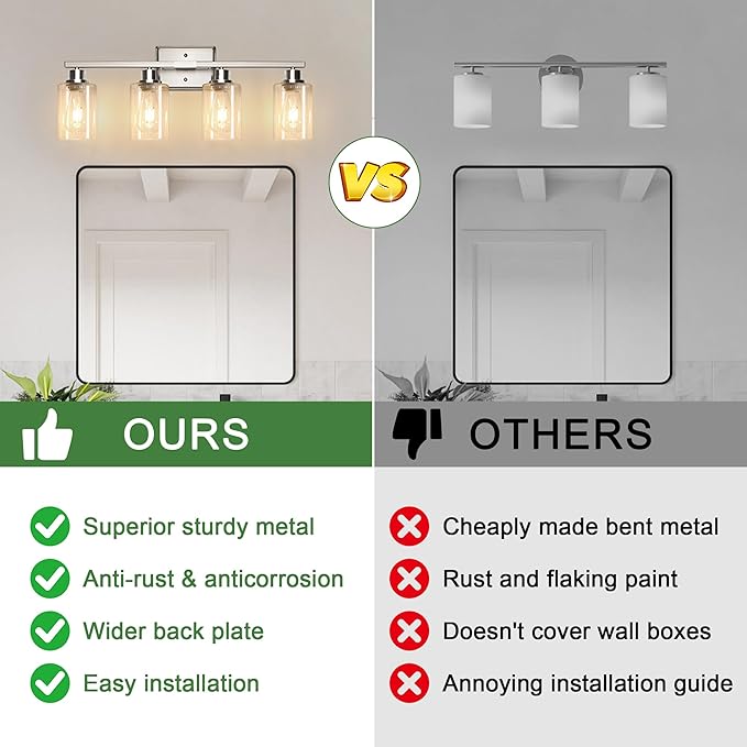 Ascher Bathroom Light Fixtures, 4-Light Vanity Lights with Clear Glass Shade, Modern Brushed Nickel Wall Light for Mirror Bedroom Hallway Cabinet Porch