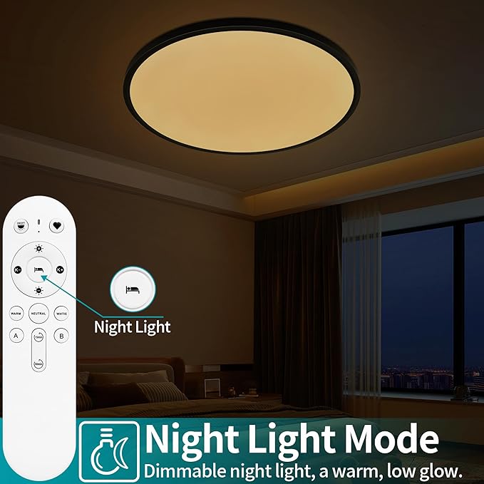 24 Inch Large Flush Mount Ceiling Light Fixture, Dimmable with Remote Control, 56W, 5600 Lumen, Modern, Round, Black, for Kitchen, Dining Room, Bedroom, Living Room, Home Office